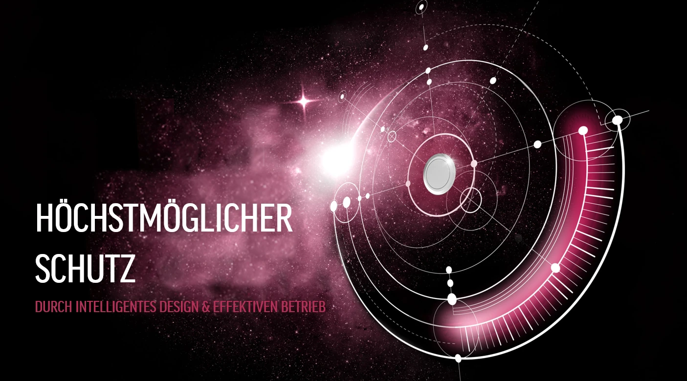 Grafik „Höchstmöglicher Schutz durch intelligentes Design & effektiven Betrieb“ vor stilisiertem Weltraum-Hintergrund