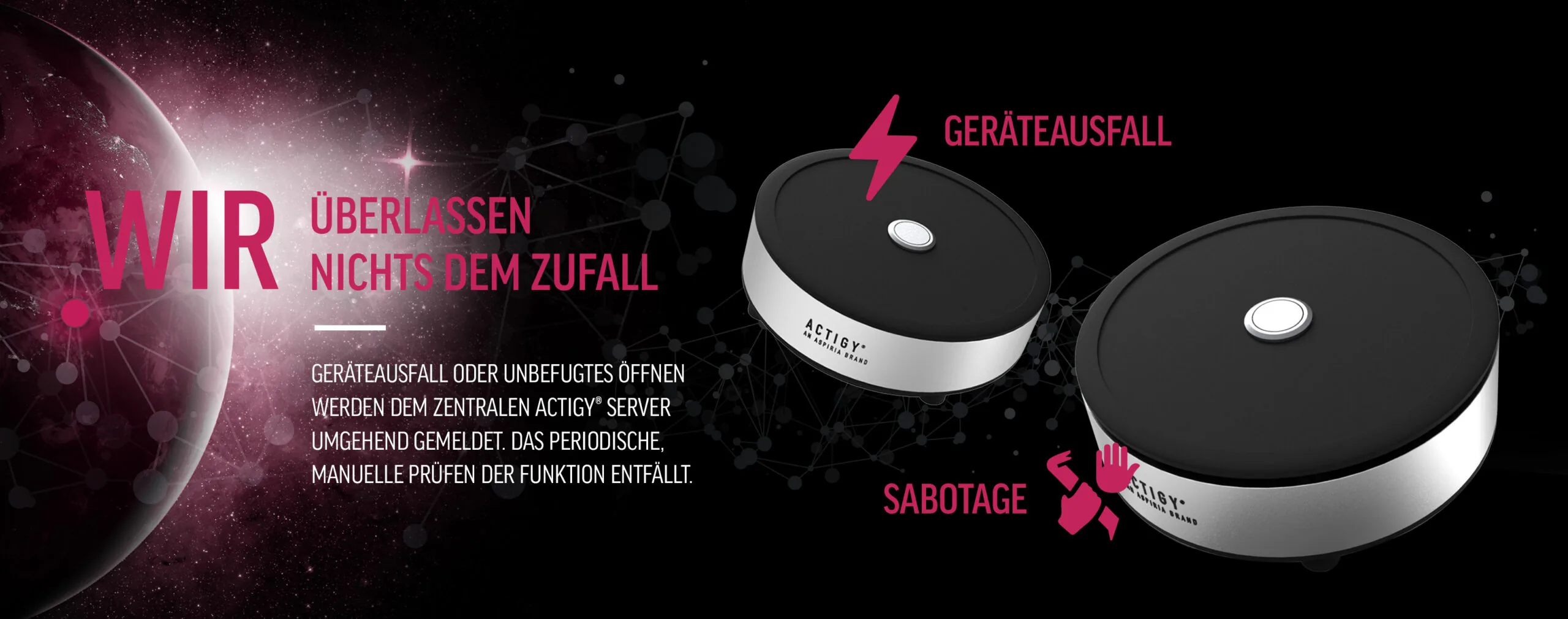 Zwei ACTIGY® Buttons mit Hinweisen auf Geräteausfall- und Sabotage-Erkennung