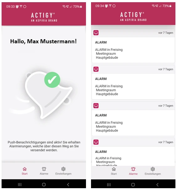 Screenshots der ACTIGY® App: Startbildschirm und Alarmliste